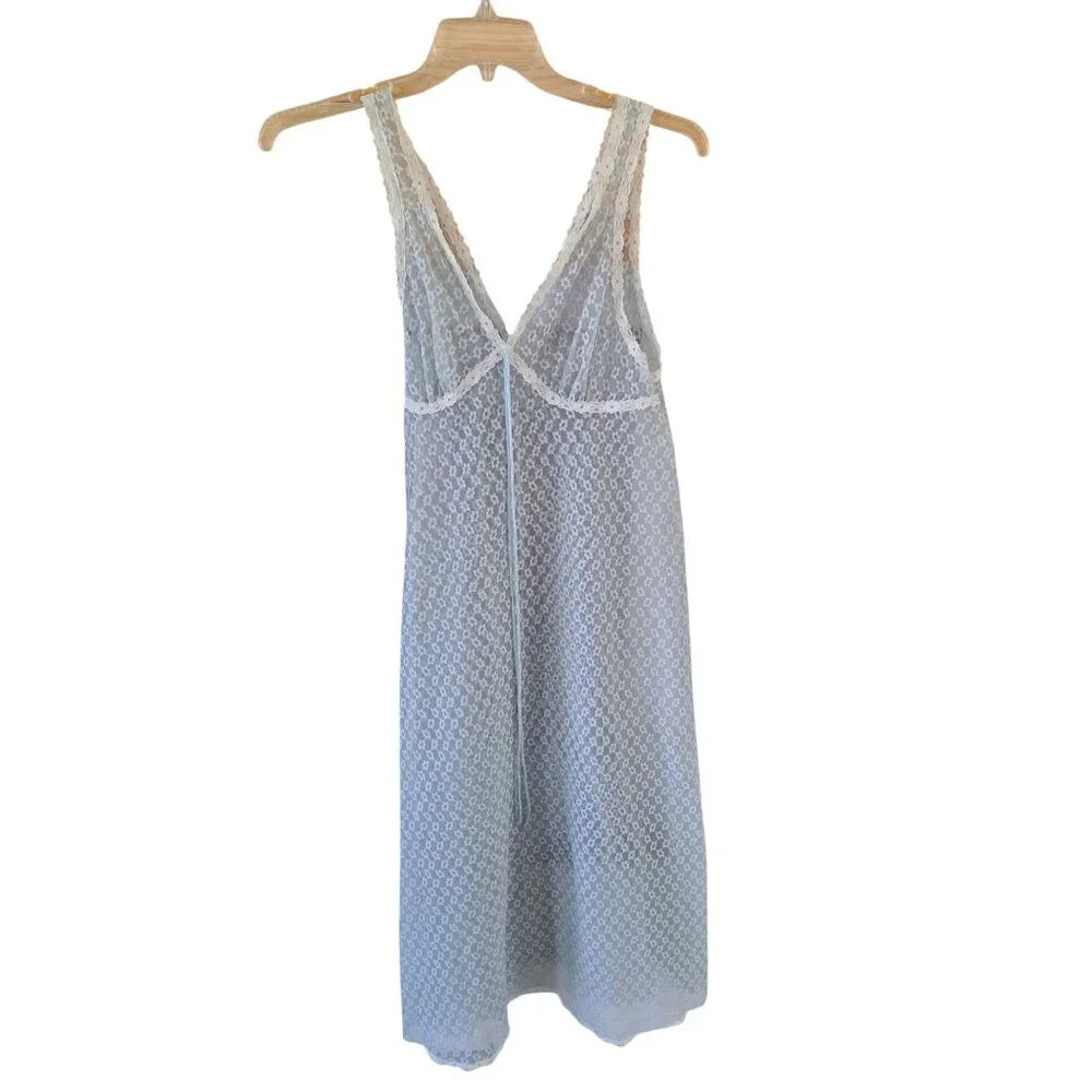 Vintage Penneys Gaymode Sheer Blue Floral Lace Nightgown V-Neck Ivory Trim Med - Picture 1 of 10
